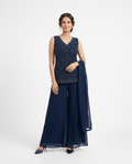 Navy Blue Chinon 3-Piece Crop Top Sharara Set