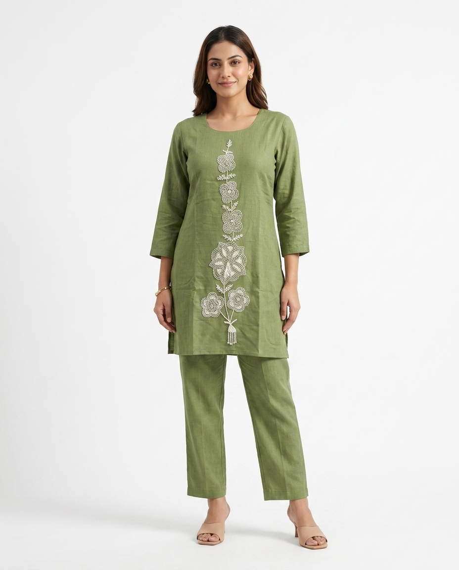 Olive Green Embroidered Linen Kurta Set