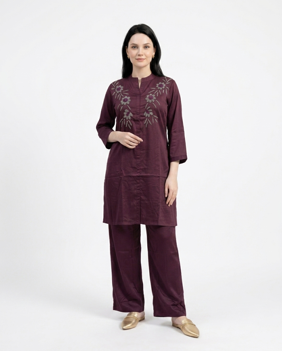 Plum Embroidered Gajji Silk Kurta Set
