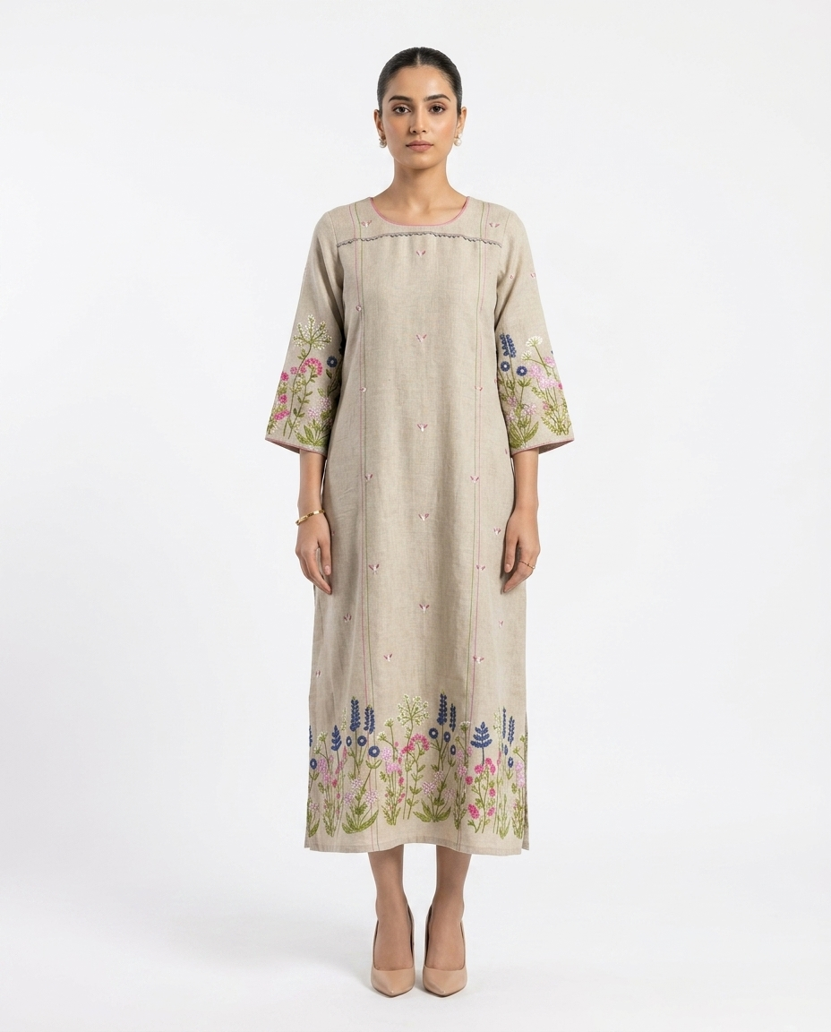 Cream Floral Haze Embroidery Gown