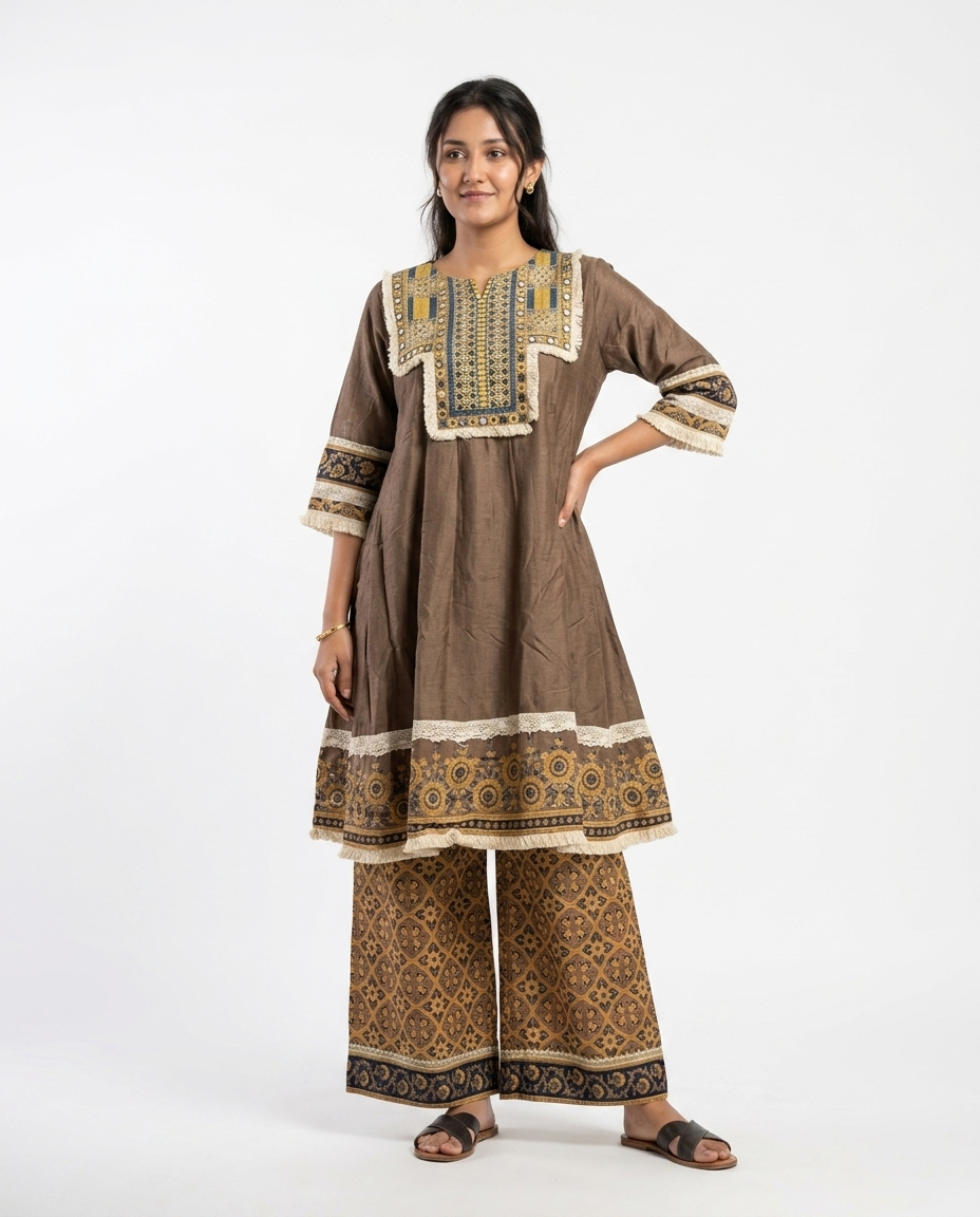 Brown Mirror Work Dola Silk Kurta Set