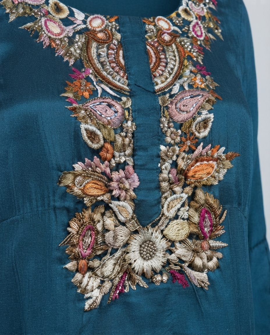 Teal Embroidered Crepe Co-ord Set