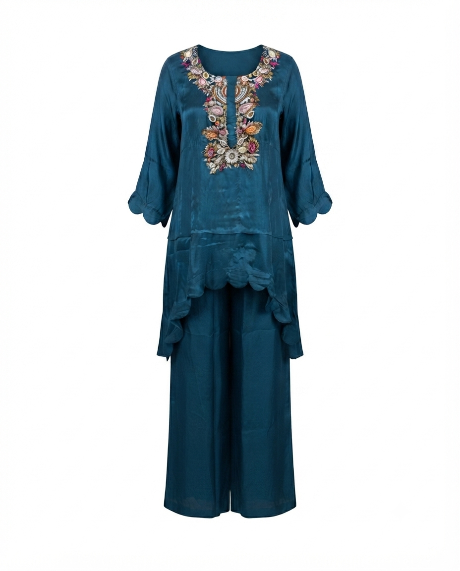 Teal Embroidered Crepe Co-ord Set