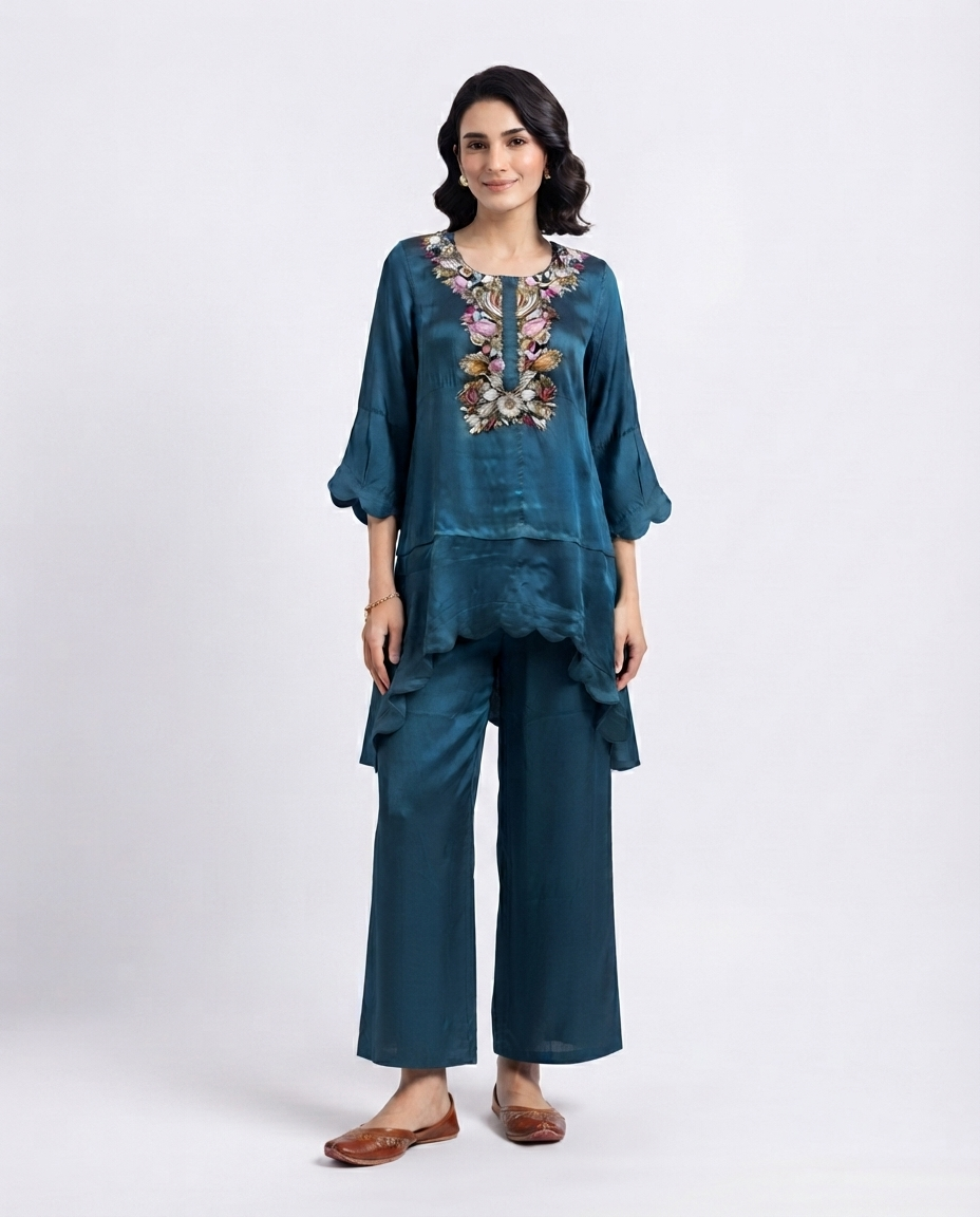 Teal Embroidered Crepe Co-ord Set