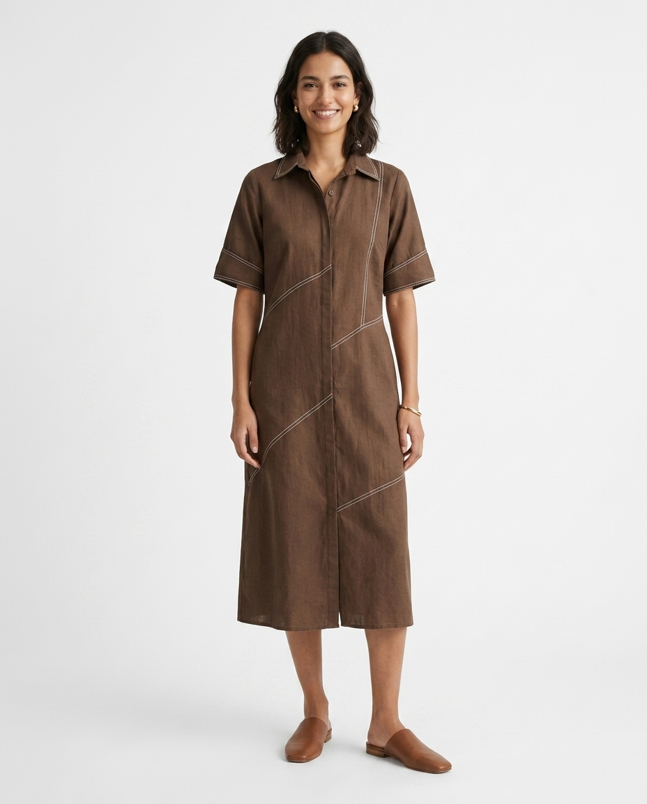 Cocoa Thread Work Cotton Linen Gown