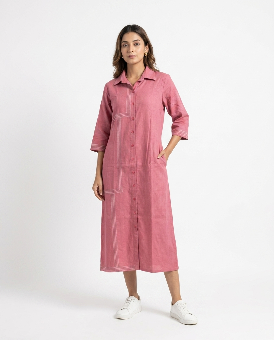 Blush Thread Work Cotton Linen Gown