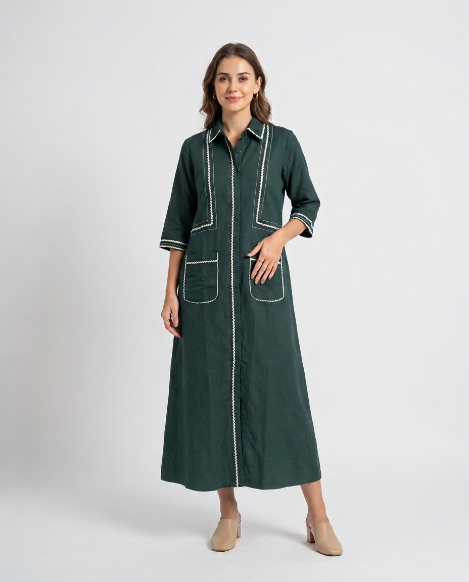 Forest Green Cotton Linen Gown with Pockets