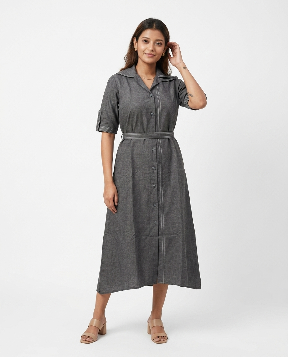 Shadow Grey Cotton Linen Gown with Belt