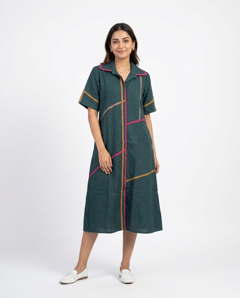 Kosh Dark Green Gown Cotton Linen