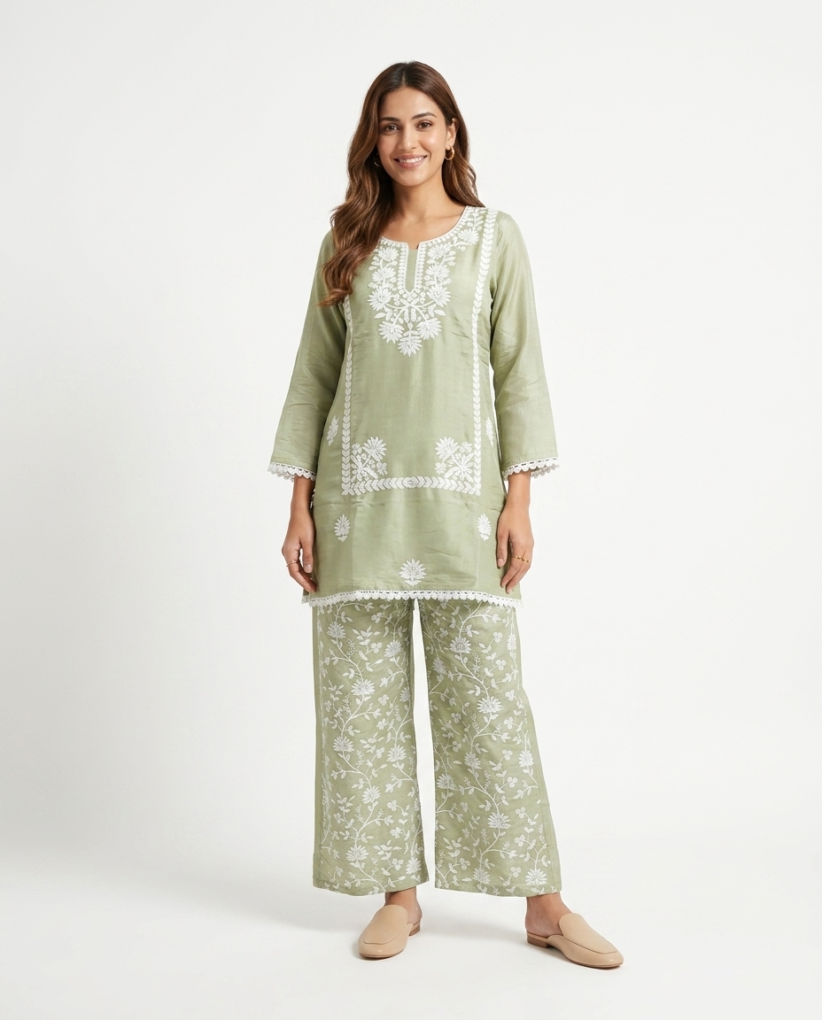 Sage 2 piece set Mulchanderi Silk
