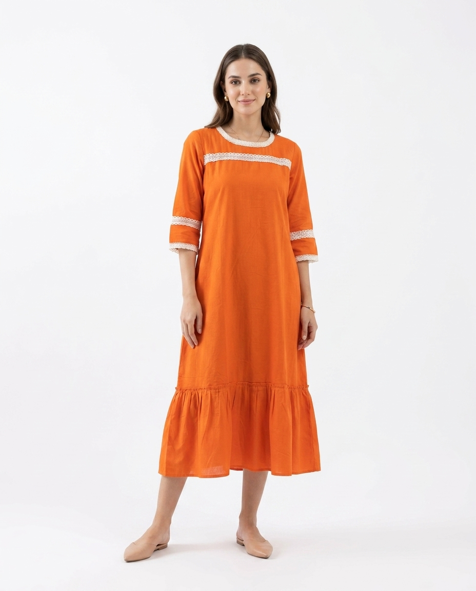 Bright Orange Cotton Linen Gown