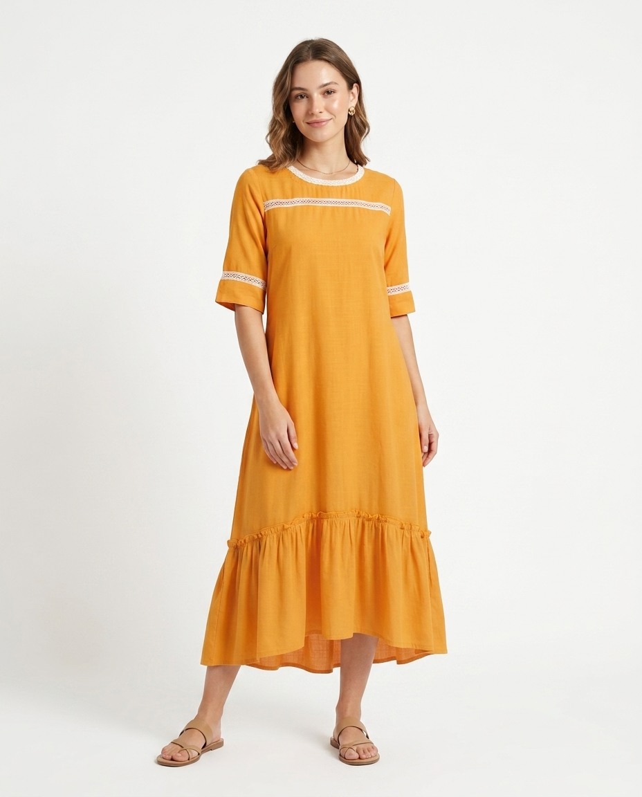 Orange Cotton Linen Gown with lace