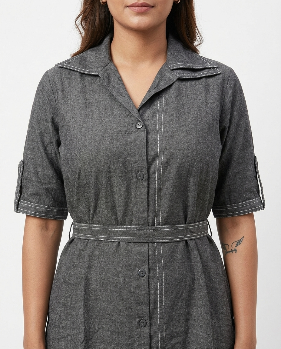 Shadow Grey Cotton Linen Gown with Belt